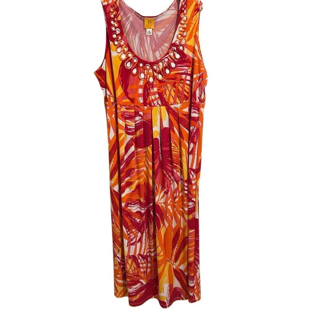 Ruby Rd Woman Sleeveless Tropical Bright Print Maxi Dress Beaded V-Neck Size 2X
